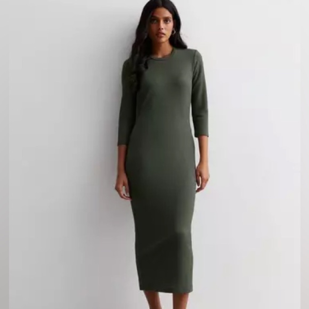 NWOT A New Day Olive Green Ribbed 3/4 Sleeve Midi Dress